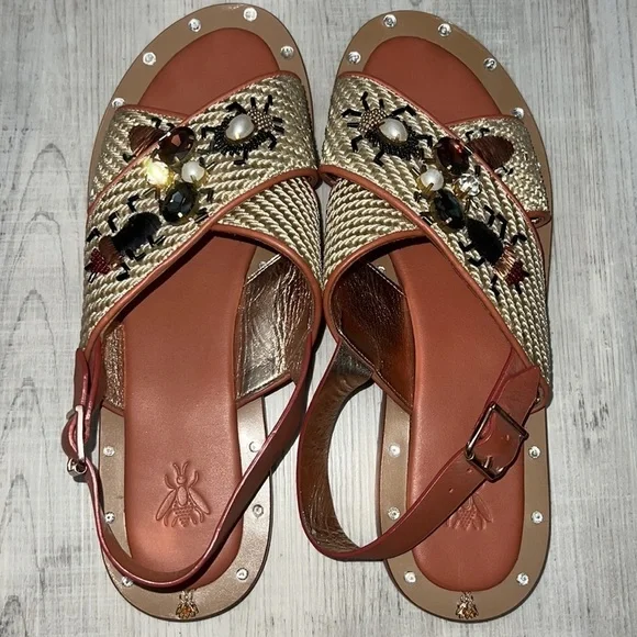 Anthropologie Sanchita Enchino Bejeweled Bug Sandals - Size 39 - Picture 2 of 6